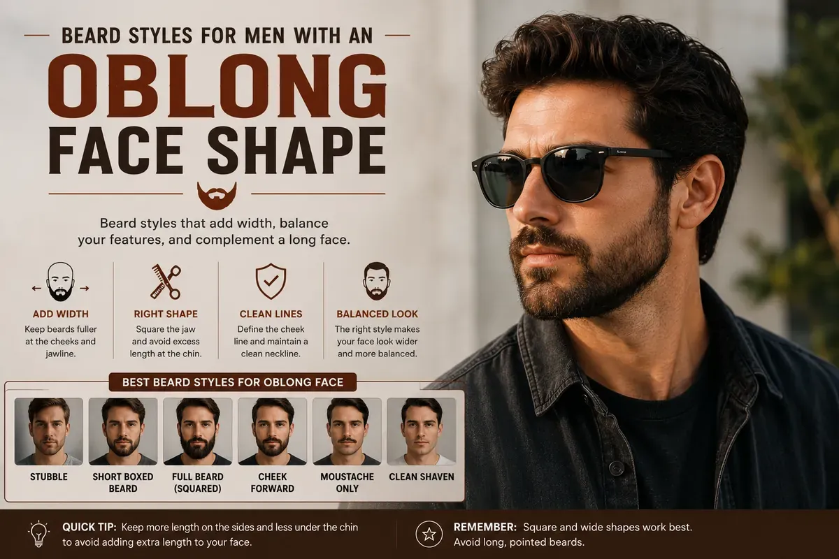 A man with a short boxed beard beside a row of six beard styles for a long face, from stubble through to clean shaven