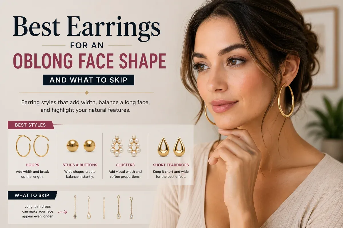 A woman wearing large gold hoop earrings beside four earring styles that add width, and a row of long thin drops marked as ones to skip
