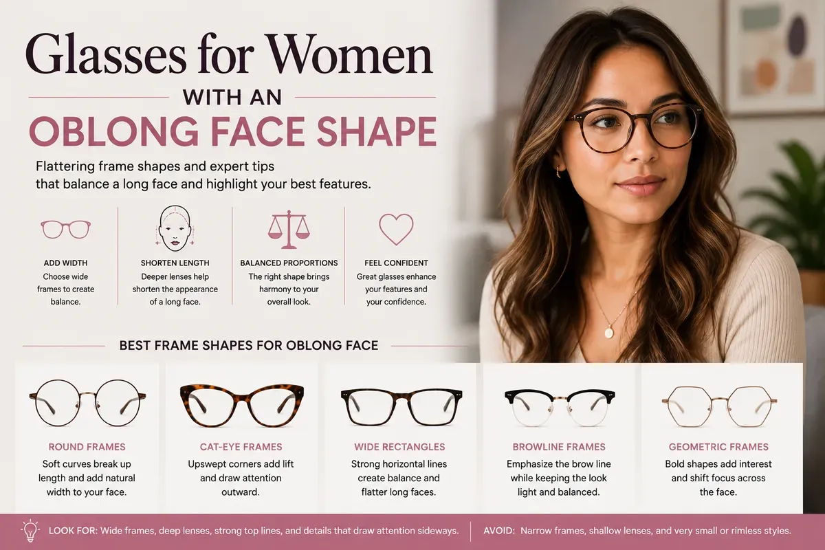 A woman in round tortoiseshell glasses beside five frame styles that suit a long face