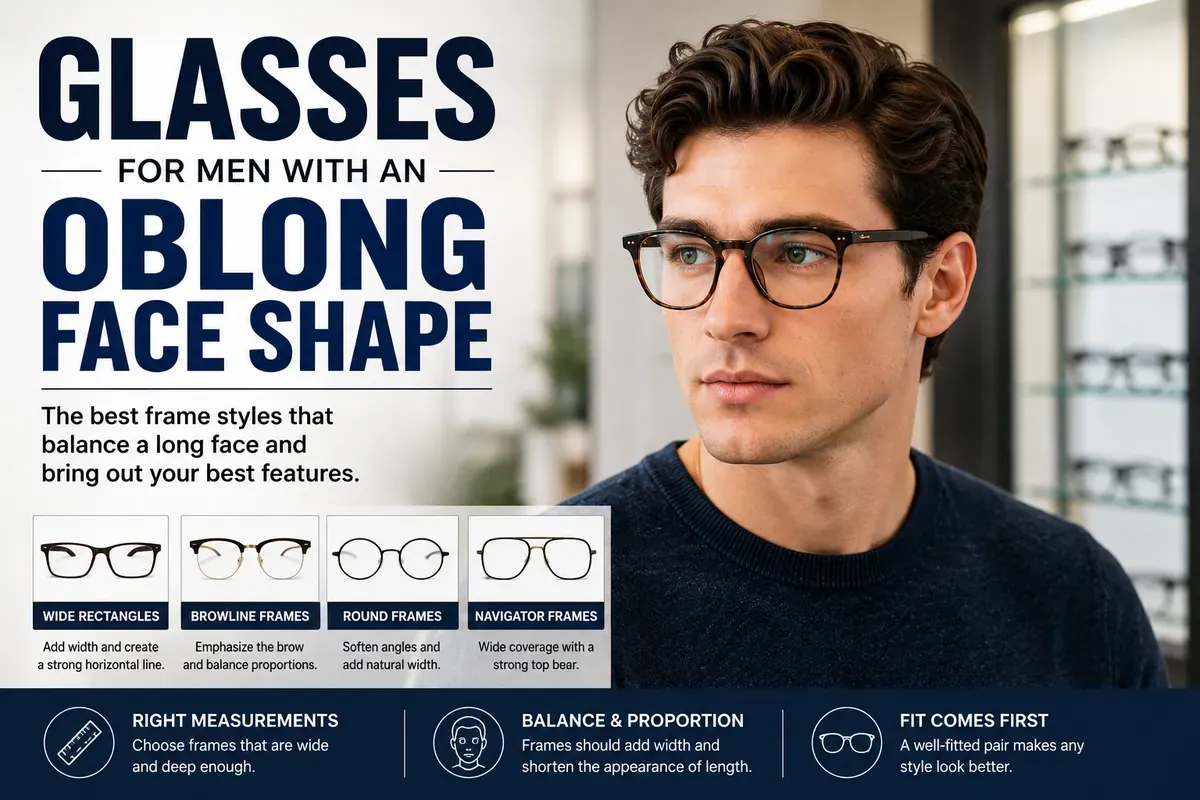 A man wearing browline glasses beside a panel of four frame styles for a long face: wide rectangles, browline, round and navigator