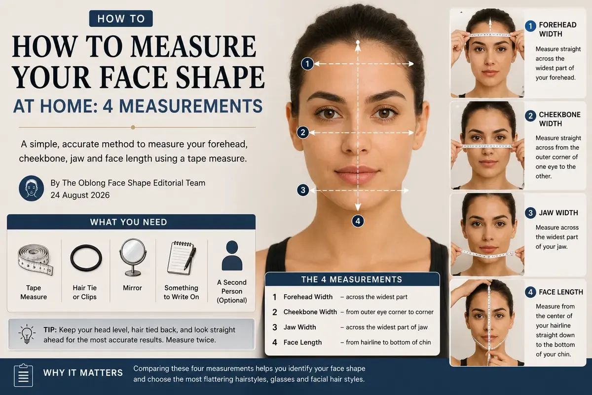 A face marked with forehead, cheekbone and jaw width and face length, beside a tape measure in use