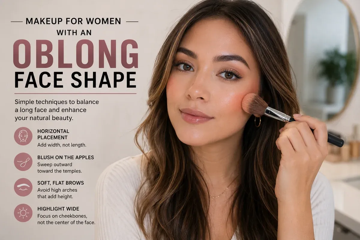A woman applying blush to the apple of her cheek beside four makeup principles for a long face