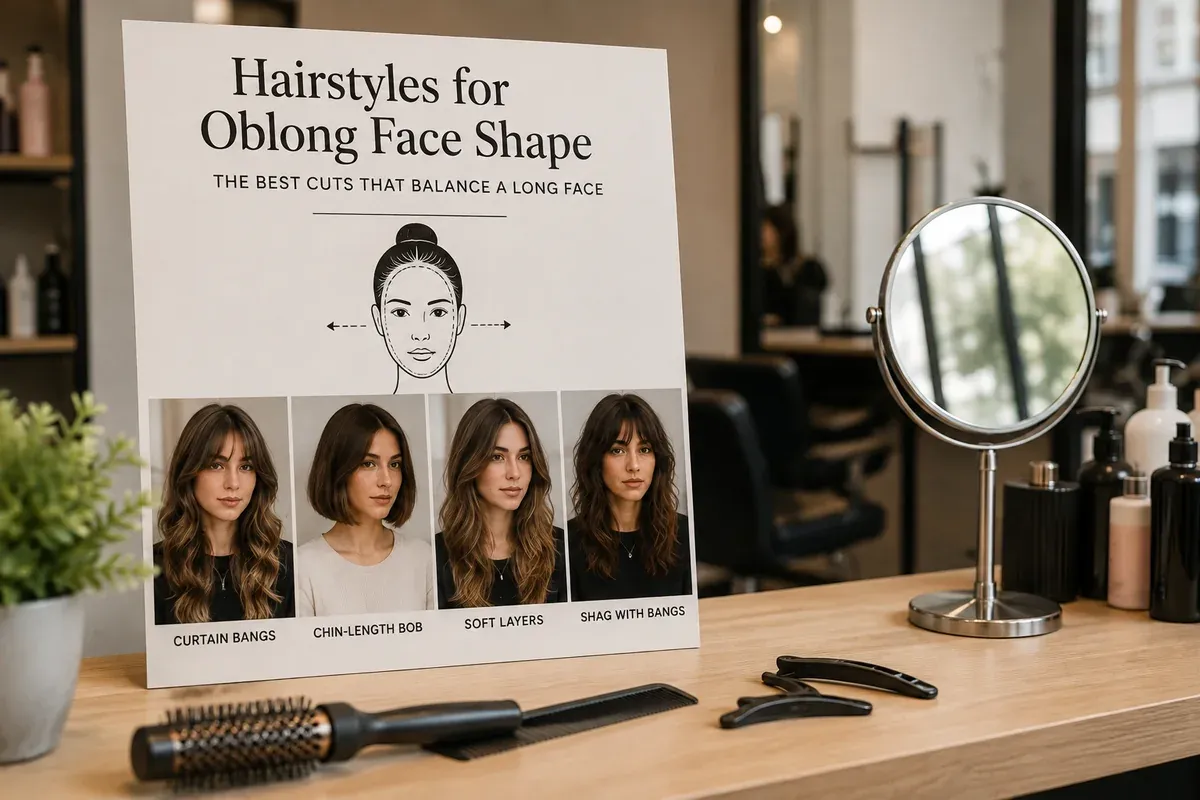 A salon board headed Hairstyles for Oblong Face Shape showing bangs, a bob, layers and a shag