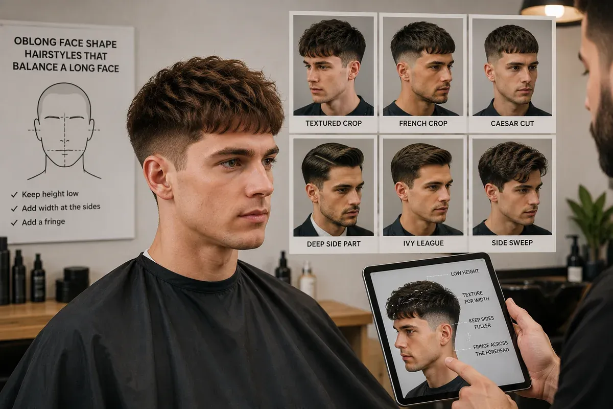 A barber advising a client beside a wall chart of six haircuts that suit a long face