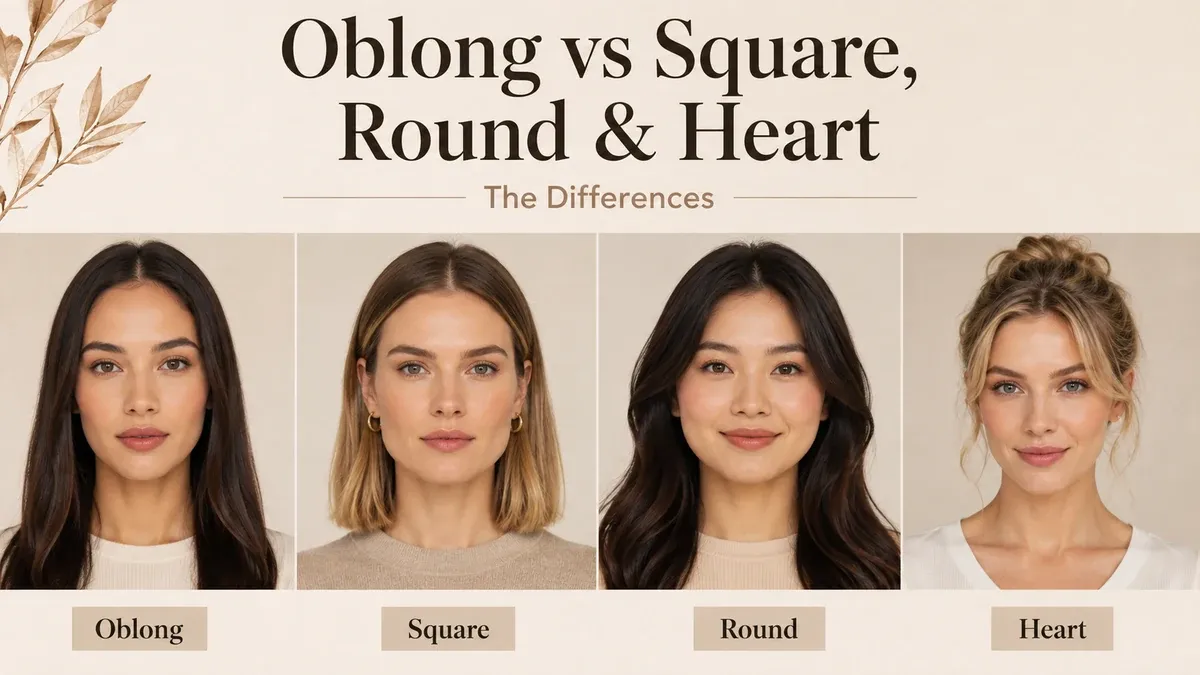 Four women photographed straight on and labelled oblong, square, round and heart