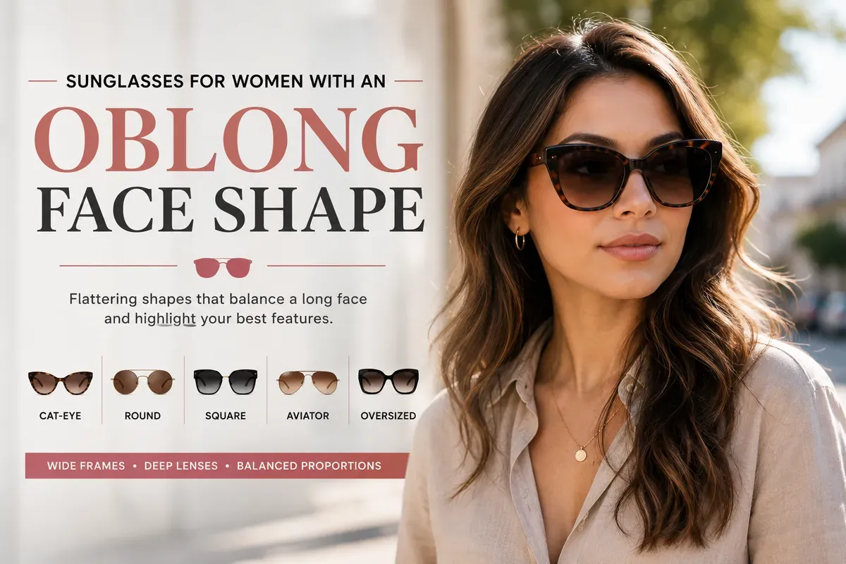 A woman in oversized tortoiseshell cat-eye sunglasses beside five styles that suit a long face