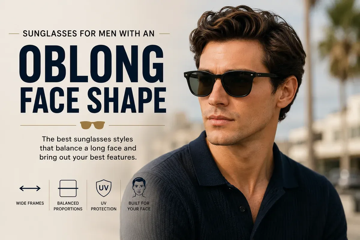 A man in dark square sunglasses beside icons for wide frames, proportion and UV protection